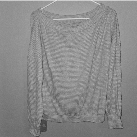 Cupshe Off-Shoulder Sweater Light Gray Waffle Knit Relaxed Fit Cozy Winter - Picture 2 of 3